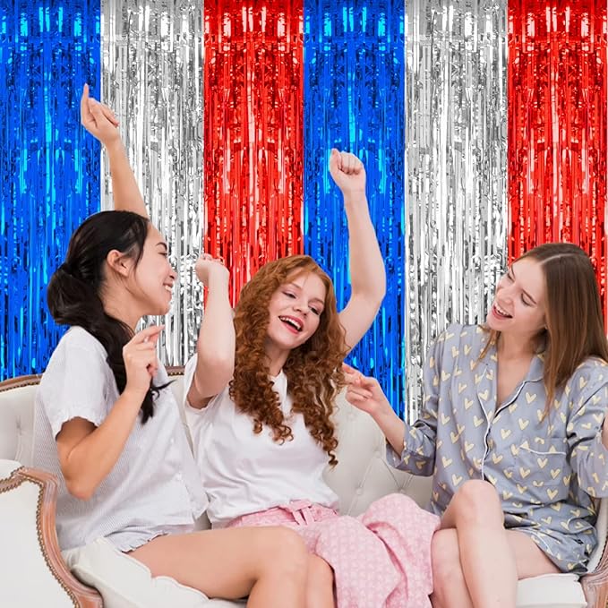 2 Pack 3.2 x 8.2 ft Red White and Blue Foil Fringe Backdrop Curtain, Streamer Backdrop Tinsel Curtains Photo Booth Props for Graduation Birthday Memo