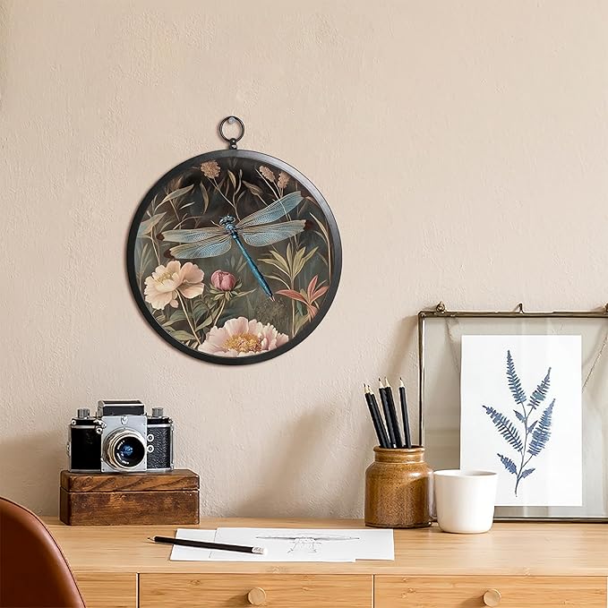 XIAOAIKA Vintage Botanical Wall Art with Metal Frame, Round Wood Print Featuring Dragonfly and Pink Peonies, Boho Wall Decor for Living Room, Bedroom, Kitchen, Hallway, 10 Inch