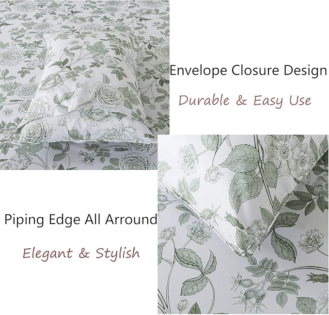 FADFAY Sheets Set Queen Vintage White and Green Floral Bedding Elegant Peony Sheets Set Shabby Rose Farmhouse Bedding 100% Egyptian Cotton 800 Thread Count Deep Pocket Fitted Sheet 4Pcs, Queen Size