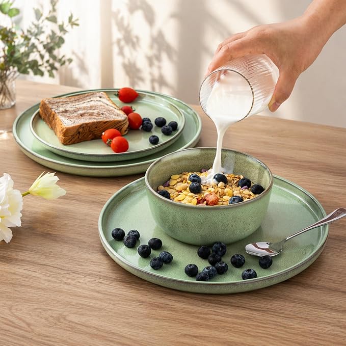 GBHOME 24 Pieces Double Bowls Dinnerware Sets for 6, Stoneware Plates and Bowls Set with Reactive Glaze, Scratch Resistant Stoneware Dishes Set, Dishwasher & Microwave Safe