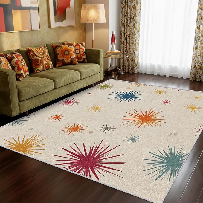 Mid Century Modern Rug Large 7x10 Starburst Atomic Retro 60s 70s Pattern Area Rugs for Living Room, Bedroom, Mid Century Home Decor Accessories Indoor Carpet, Non Slip & Machine Washable