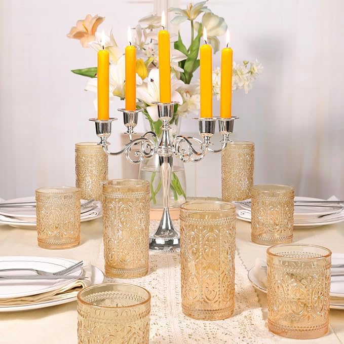 abrwyy Amber Glassware set of 4 Vintage Drinking Glasses, 12oz Amber Heavy Duty Glass Cups, Old Fashioned Glass, Highball Glasses Set for Party Wedding Home Office Glassesware Gift
