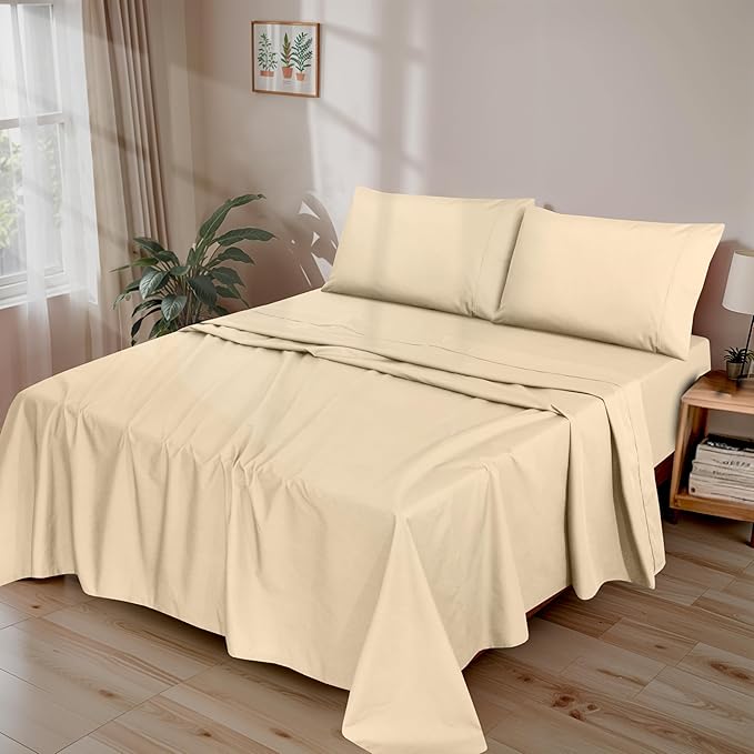 RUVANTI 100% Cotton Twin XL Sheet Sets, 3 Pieces, Soft & Breathable Percale Weave Bedding, Deep Pocket 16", Hotel Standard, Crisp Cool Feel, Durable, Perfect Size Dyed Sheets, Beige