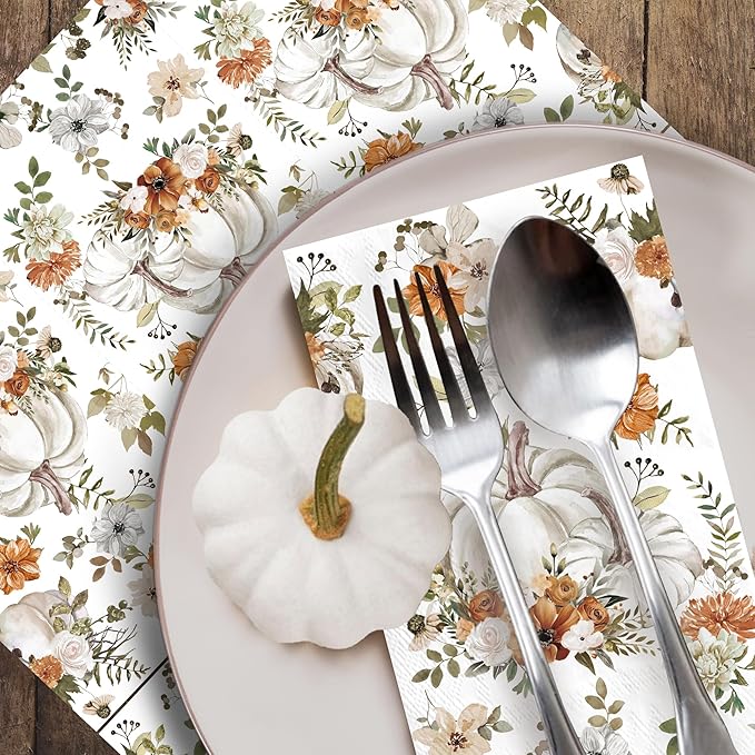 100pcs Thanksgiving White Pumpkin Paper Napkins 3 Ply Disposable Fall Pumpkin Guest Napkins Hand Towels for Bathroom Home Kitchen Table Harvest Party