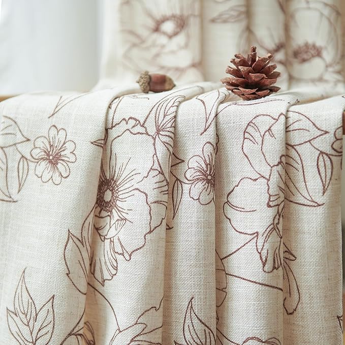 jinchan Floral Linen Curtains for Living Room 63 Inch Length Brown Flower Curtain Rod Pocket Back Tab Farmhouse Curtains with Printed Floral Bedroom Window Curtain Set, 2 Panels Brown