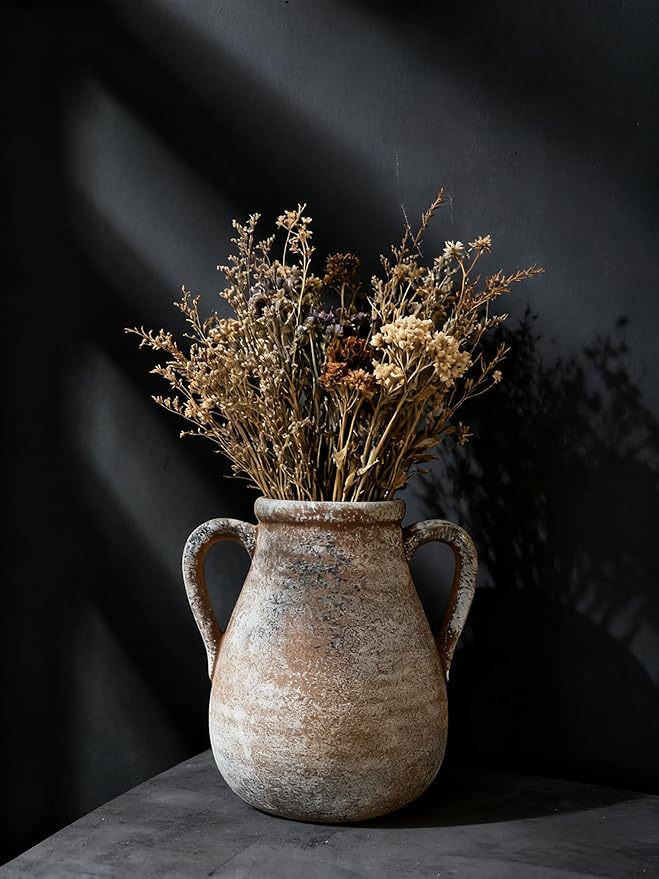 Ceramic Flower Vase Home Decor - 7.5 Inch Farmhouse Rustic Table Vases Living Room Decoration Decorative Vintage Pottery for Kitchen Shelf Coffee Dining Bookshelf Fireplace Centerpiece (Rustic-7.5")