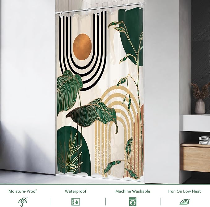 Glawry Small Stall Green 36Wx72L Inches Boho Mid Century Shower Curtain Abstract Retro Tropical Palm Tree Plant Sun Arch Minimalist Bathroom Modern Bath Accessories Art Home Decor Fabric 7 Pack Hooks