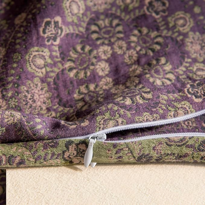 VM VOUGEMARKET Purple Green Duvet Cover Queen,3 Pieces Retro Boho Medallion Jacquard Flower Bedding Set,Linen Cotton Yarn-Dyed Textured Duvet Cover with Zipper Closure