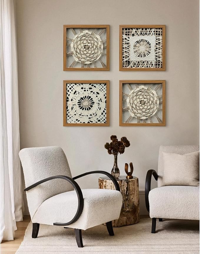 FOLKOR Boho Wall Art Living Room Decor, 12" Abstract Framed Artwork, Handmade Rice Paper Shadow Box Wall Hanging Sculpture for Contemporary Home Office Bedroom Coffee Shop