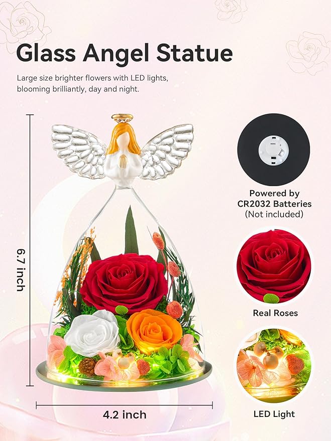Gifts for Women Forever Flowers Preserved Rose in Glass Angel Figurine Real Colorful Roses Birthday Gifts for Her Grandma Sister Daughter Wife, Red