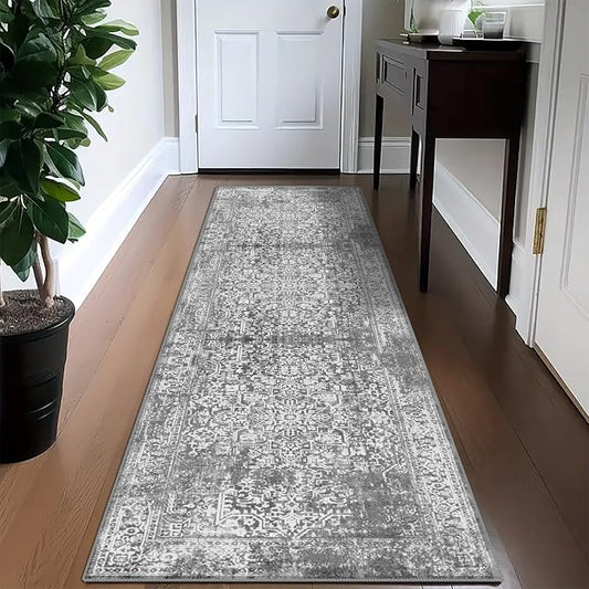 vivorug Grey Runner Rug 2x10 Machine Washable Rug with Non-Slip Backing, Ideal for Kitchen Hallway Entryway Laundry Room - Vintage, Durable, Easy Clean, Low Pile Carpet Runner