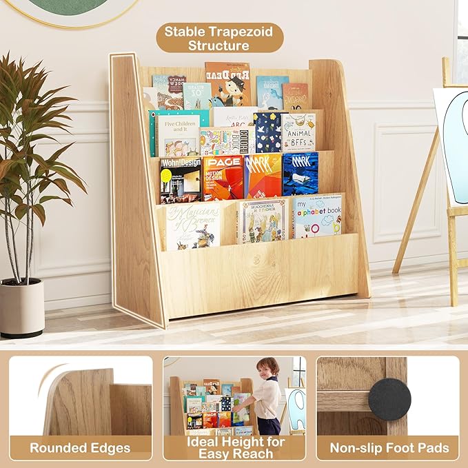 HONEY JOY Kids Bookshelf, 4-Tier Wooden Toddler Bookcase, Children Book Rack & Magazine Display Shelf, Toy Storage Organizer, Book Shelf for Kids Rooms, Playroom, Nursery, Classroom (Natural)