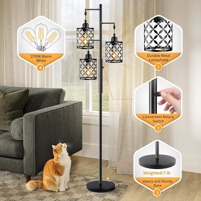 Dimmable Floor Lamp, Farmhouse Standing Lamp with Elegant Metal Cage, Industrial Tall Tree Floor Lamps for Living Room, Bedroom, Study Room, Office, 2400LM LED Bulbs Included - 68", Black