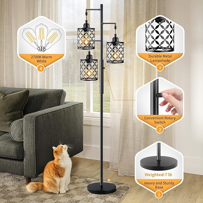 Dimmable Floor Lamp, Farmhouse Standing Lamp with Elegant Metal Cage, Industrial Tall Tree Floor Lamps for Living Room, Bedroom, Study Room, Office, 3 x 800LM LED Bulbs Included, 72", Black