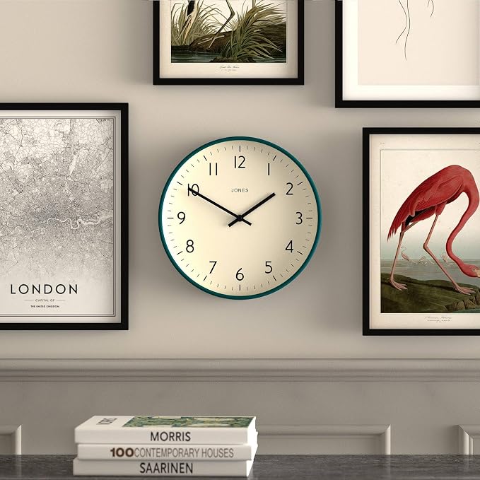JONES CLOCKS® Studio wall Clock | Modern Round Style | 12 inch | Dark Green | Easy to Read Numbers | Versatile Design for Kitchen, Living Room or Office