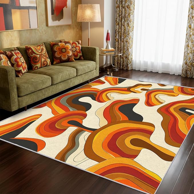 70s Retro Rug 4x6 Psychedelic Funky 1970s Abstract Pattern Area Rugs for Living Room, Bedroom, 70s Retro Home Decor Accessories Indoor Carpet, Non Slip & Machine Washable, GD0335