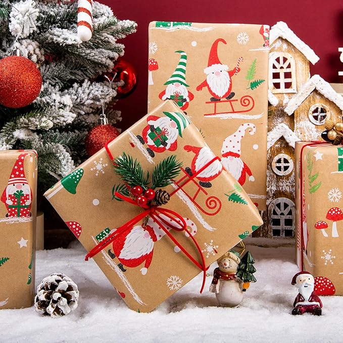 Yarcony Kraft Christmas Wrapping Paper Roll, Gnome Christmas Gift Wrapping Paper, Recycled Retro Festive Woodland Gnome Mushroom Gift Wrap Present Paper for Winter Holiday, Crafts (17 Inch X 33 Feet)