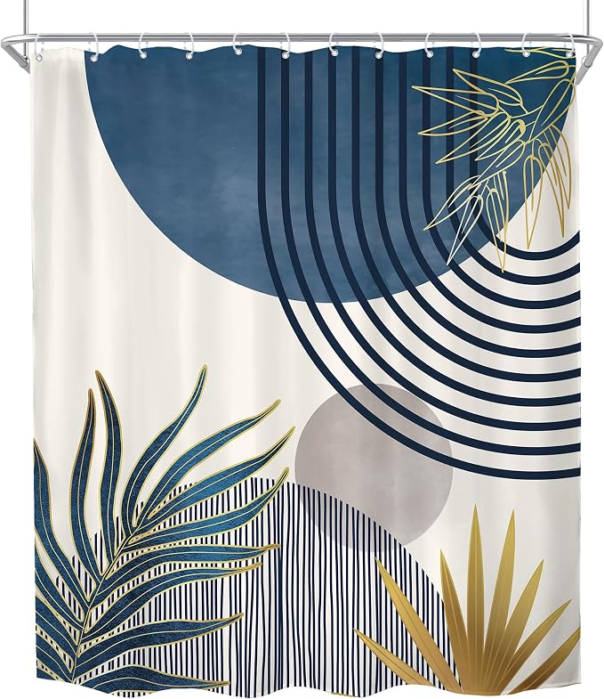 KOMLLEX Mid Century Boho Shower Curtain for Bathroom Decor 72Wx78H Inches Navy Blue Gray Abstract Modern Minimalist Arch Leaves Geometric Neutral Fabric Waterproof Polyester 12 Pack Hooks Pack Hooks