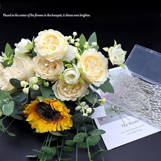 300Pcs Corsage Bouquet Pins Including 150Pcs 1.5 Inch Diamond Pins and 150Pcs 2.1 Inch Pearl Pins for Bouquets, Flower Pins for Sewing Straight Pins for Floral Wedding Decoration DIY Craft Sewing Pins