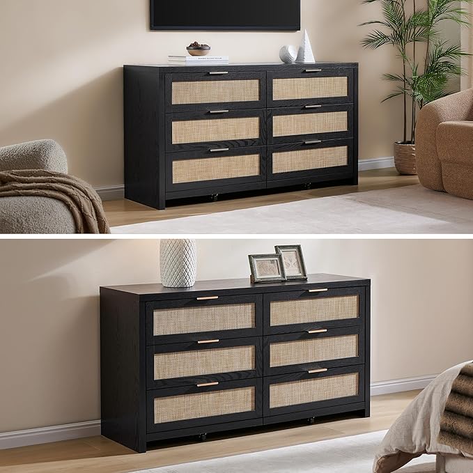SICOTAS Rattan Dresser for Bedroom, 57" Wide 6 Drawer Dresser with Ample Storage, Wooden Dressers Large Chest of Drawers, Closet, Boho TV Stand for Bedroom (Black Oak, 1 Piece)