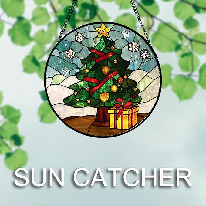 Stained Glass Window Hanging Green Christmas Tree Snowflake Large 11.8" - Suncatcher Door Garden Sun Catcher Xmas Holiday Decor Birthday for Mom Men Woman Friend Nana