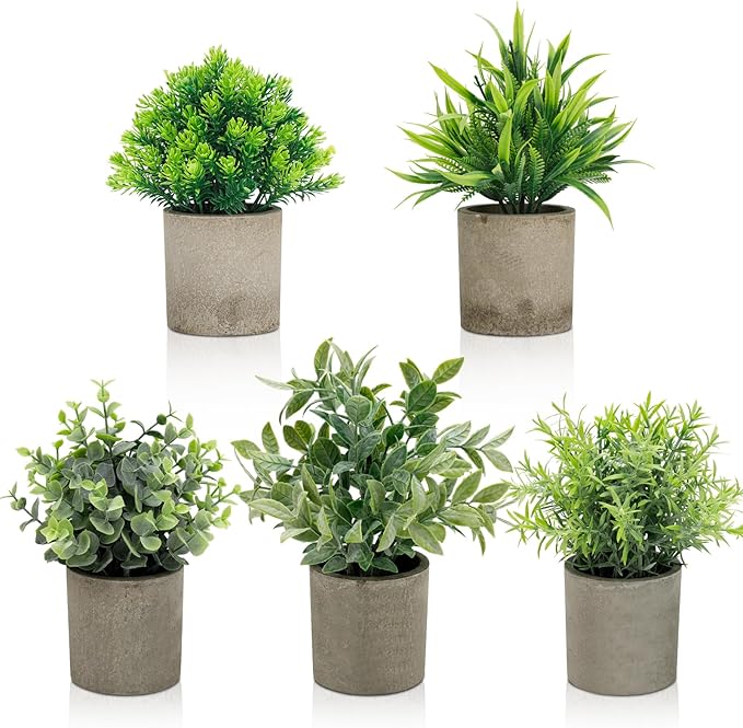 Artificial Potted Plants Set of 5, Realistic Faux Greenery in Cement Pots for Home Office Desk Bookshelf Decor, Small Fake Plants for Indoor Tabletop Decoration