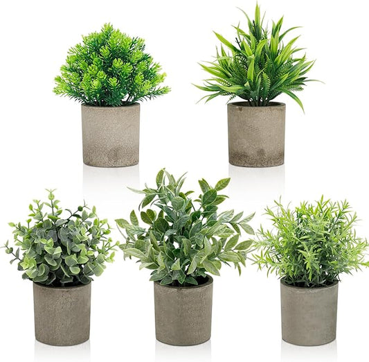 Artificial Potted Plants Set of 5, Realistic Faux Greenery in Cement Pots for Home Office Desk Bookshelf Decor, Small Fake Plants for Indoor Tabletop Decoration