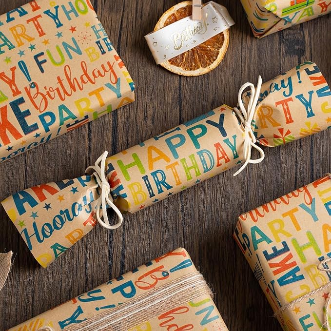 Burymento Kraft Birthday Wrapping Paper for Boys & Girls - Colorful Happy Birthday Pattern - Great for Parties & Baby Showers - Mini Roll - 17 Inches X 33 Feet