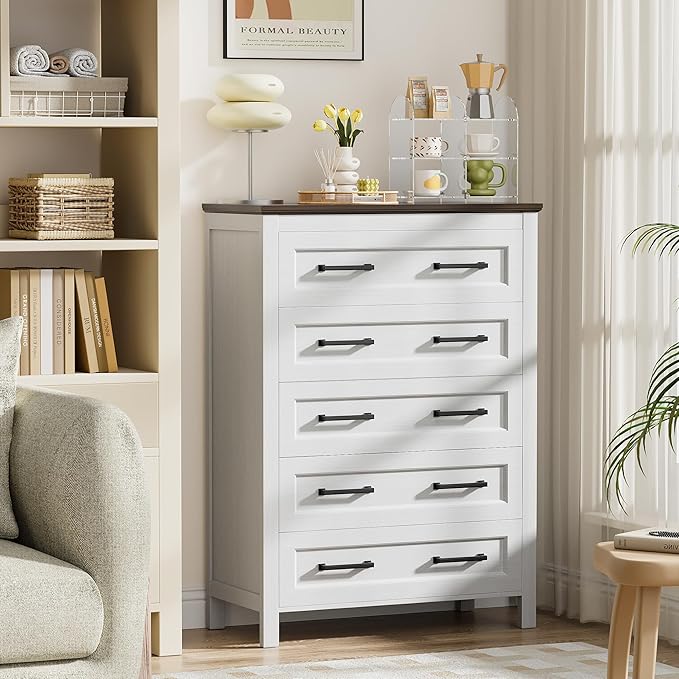 JUMMICO White Dresser Tall for Bedroom,Wooden 5 Drawer Dresser for Nursery,Chest of Drawers for Bedroom, Closet Storage Organizer for Living Room, Hallway, Closet (Brown&White)