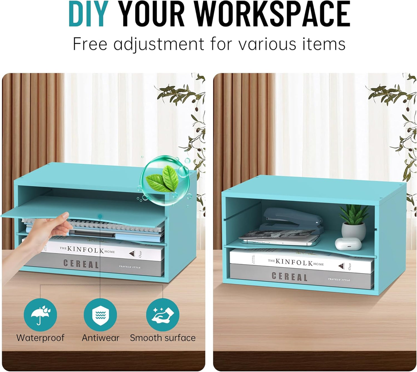 Skiennix Wood Desk Organizer - 3-Tier Adjustable Paper Tray for Office & Home | Blue