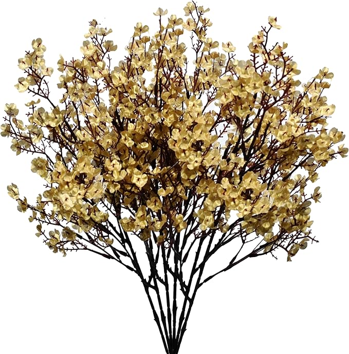 Mandy's Gold Artificial Baby’s Breath European Flowers 15 Bundles Silk Gypsophila with Bendable Stems for Fall Thanksgiving & Christmas Centerpiece Wedding Decor and Table Arrangements
