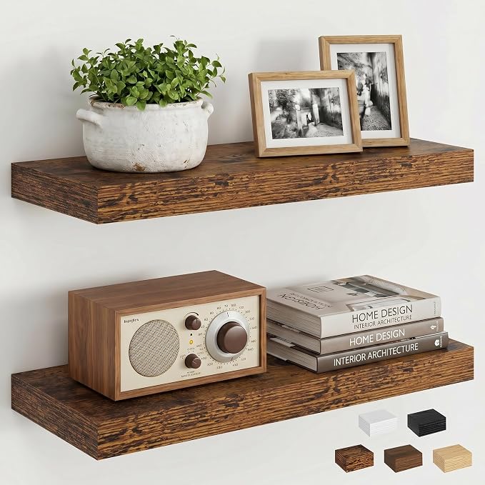Dreamland 18" Floating Shelves, Rustic Wooden Black Wall Shelves for Bathroom|Bedroom|Kitchen, Deep Wall Mounted Book Shelf, Wood Storage Display Shelf for Home Decor, Set of 2