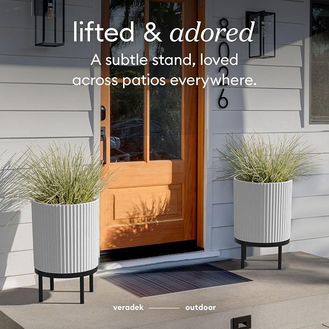 Veradek Demi Series Round Planter w/ Stand for Porch/Patio | Durable Plastic-Concrete & Wooden Stand | Modern Décor for Tall Plants, Flowers