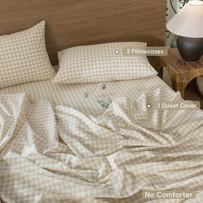 MooMee Gingham Duvet Cover Set 100% Washed Cotton Linen Like Textured Breathable Durable Soft Comfy Modern Checkered Design (Almond Milk Grey Gingham, Super King 108"x98")