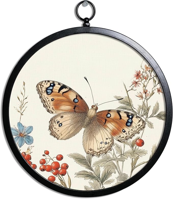 XIAOAIKA Vintage Wall Art with Metal Frame, Round Wood Print Featuring Butterfly and Berries, Boho Wall Decor for Living Room, Bedroom, Kitchen, Hallway, 10 Inch