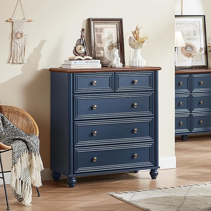 Farmhouse 5 Drawer Dresser Set of 2, Blue Rustic Chest of Drawers, 35.5" Tall Small Dressers for Bedroom with Roman Column and Metal Handles,Wood Storage Organizer for Living Room,Hallway,Closet