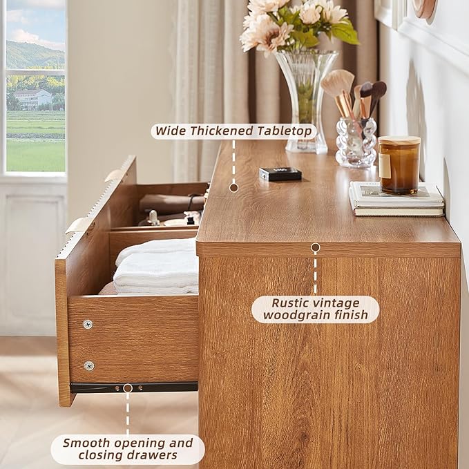 LEYAOYAO Fluted 6 Drawers Dresser Set of 2, 48" Wide Modern Chest of Drawers with Woodgrain Top, Curved Profile Design, Dresser TV Stand, Wood Drawer Organizer for Bedroom, Living Room, Hallway,Brown