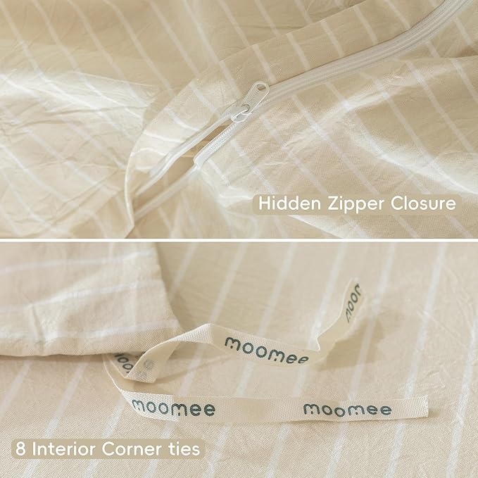 MooMee Striped Duvet Cover Set 100% Washed Cotton Linen Like Textured Breathable Durable Soft Comfy (Almond Milk Grey White Wide Stripes, Super King 108"x98")