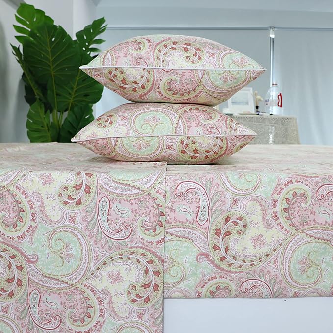 FADFAY 4 Piece Pink Paisley Bed Sheet Set Luxury Bedding Sets Designer Bedding Collections 800 Thread Count 100% Egyptian Cotton Deep Pocket-California King Size