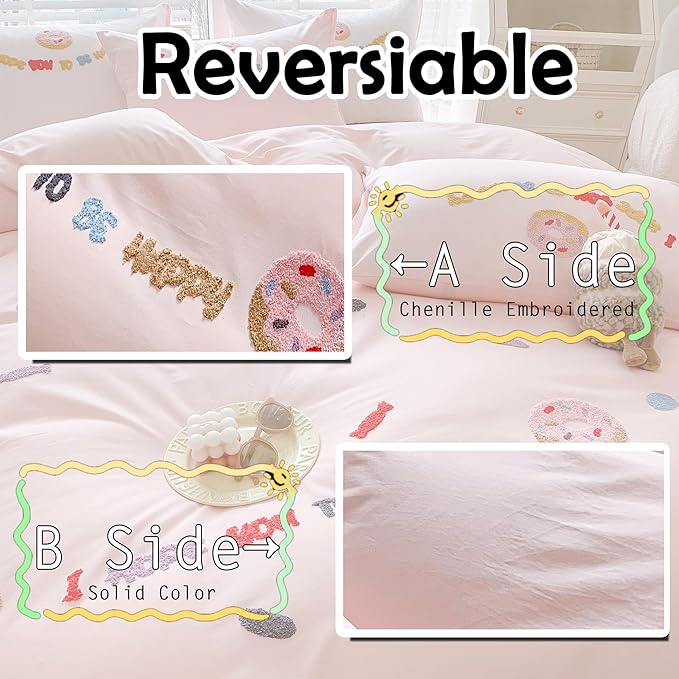 MorroMorn Twin Duvet Cover Cotton, 3D Embroidery Twin Bedding Sets Pink Bed Set All Seasons, Cute Chenille Embroidered Comforter Covers for Girls Kids Teen Preppy Dorm (Donut Pink, Twin/Twin XL)