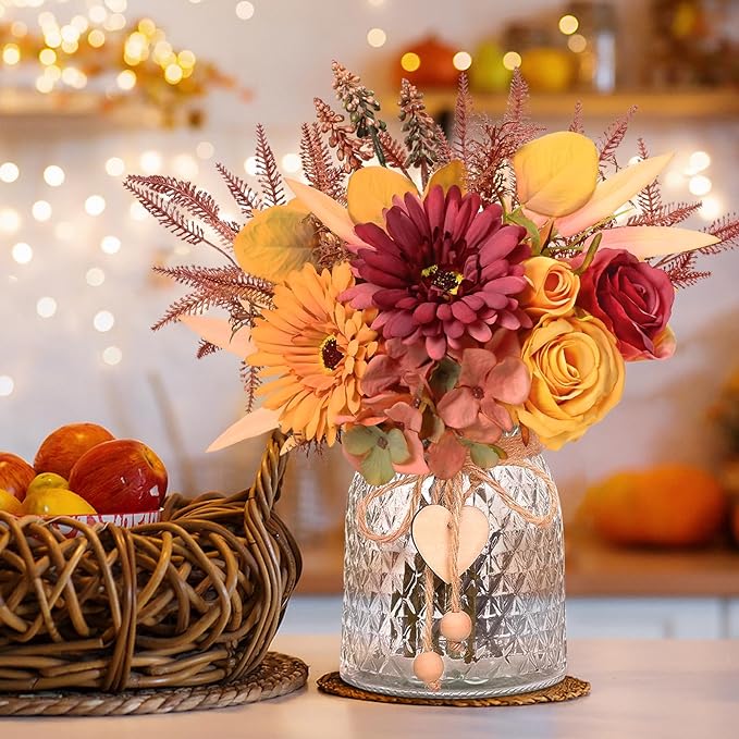 MARTINE MALL Artificial Dahlia Flowers with Vase, Silk Fall Flowers in Vase - Fall Decor for Home Centerpieces, Thanksgiving Party, Rustic Wedding