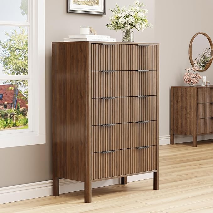 47" Tall Dressers for Bedroom Fluted 5 Drawer Dresser, Wooden Dresser Modern Chest of Drawers Dressers with Organizer Storage for Bedroom, Living Room, Entryway, Walnut
