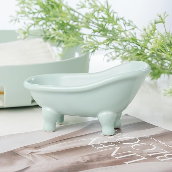5.6" Ceramic Mini Bathtub Soap Dish Decortative Clawfoot Bathroom Soap Dish (Green)