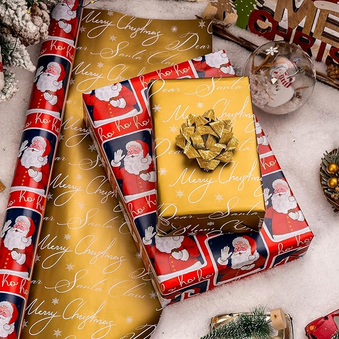 MAYPLUSS Vintage Christmas Santa Wrapping Paper Roll - 17 Inch X 33 Feet - Reversible Red Festive Season's Greetings Santa Holiday Christmas Gift Wrap Thick Paper for Holiday, Birthday, New Year