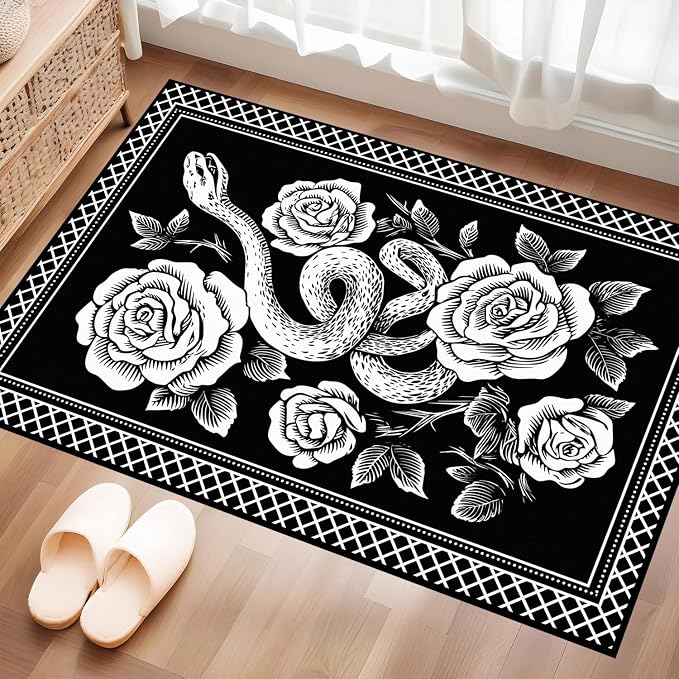 2'x3' Gothic Snake and Rose Area Rug Black and White Floral Vine Floor Mat Retro Boho Carpet Washable Low Pile Indoor Rugs for Entryway Bedroom Living Room Kitchen Home Decor