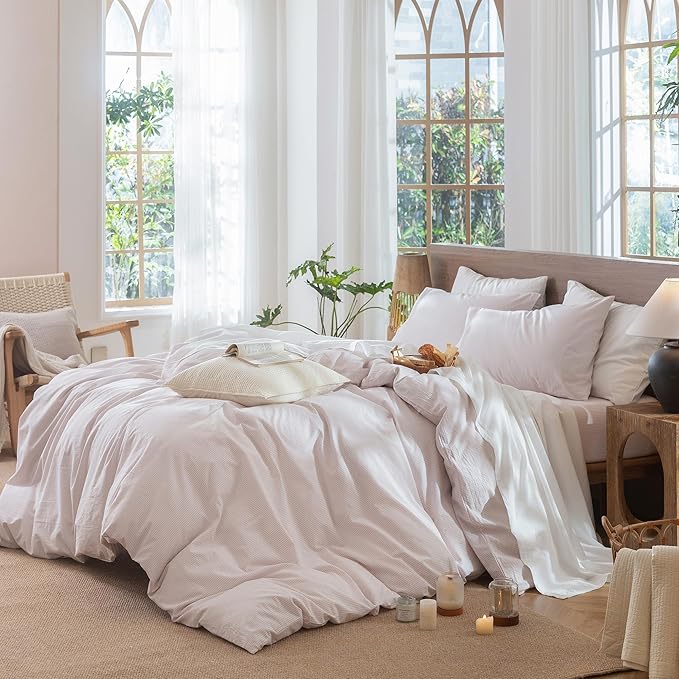 MooMee Striped Duvet Cover Set 100% Washed Cotton Linen Like Textured Breathable Durable Soft Comfy (Heathered Greyish Pink Pinstripes, Palatial King/Oversized King 120"x98")