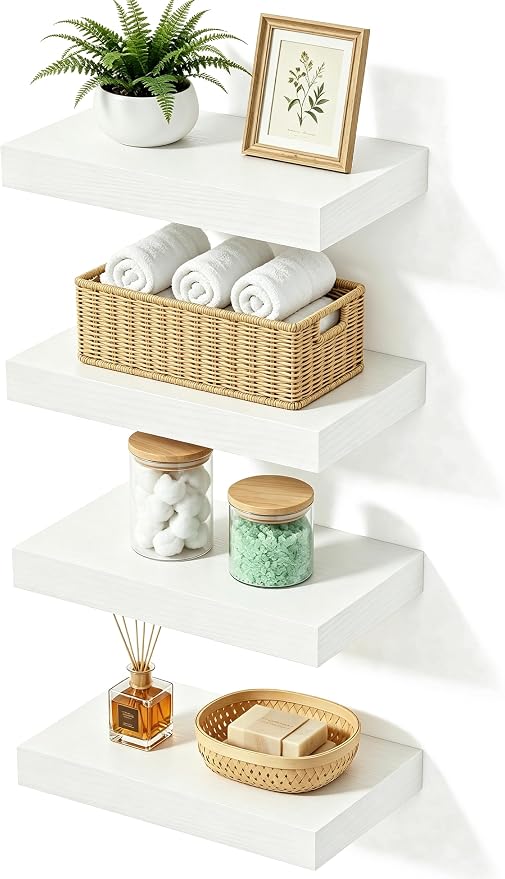 Floating Shelves for Wall, Set of 4 Wooden Wall Mounted Shelves for Bathroom Over Toilet, Bedroom, Kitchen, Living Room & Office, Modern Hanging Storage and Wall Decor, White, 12"x7"x1.5"