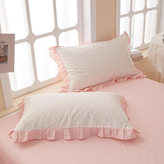 EAVD Pink Floral Duvet Cover Queen Soft 100% Cotton Chic Romantic Ruffled Floral Bedding Set with 2 Pillowcases Vintage Style Botanical Floral Comforter Cover with Zipper Closure