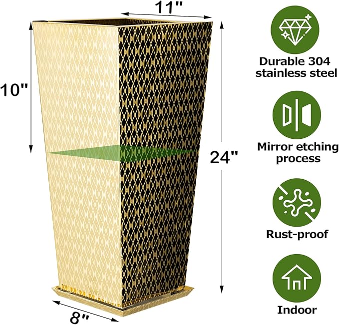 Luxury Stainless Steel Golden Taper Tall Planter Box Set of 2 with Mirror Etching No Coating 24”H Top 11” Bottom 8”,Decrative Pot Indoor, Modern Décor for Home,Office,Tall Plants,Trees,Flowers