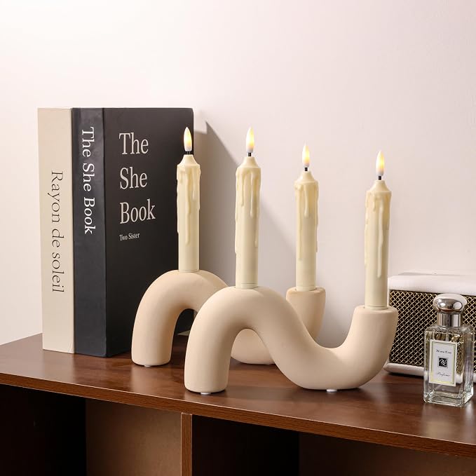 2-Pack White Ceramic Candle Holder Set, Modern Taper Candlestick for Table Living Room Wedding – Includes 4 LED Candles